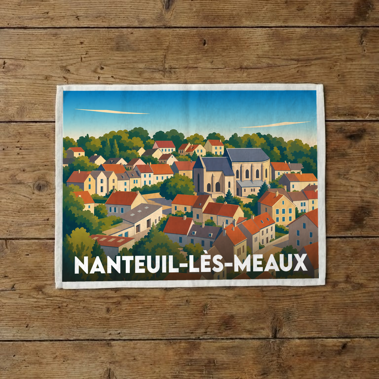 Torchon souvenir de la ville de Nanteuil-lès-Meaux avec une illustration stylisée.