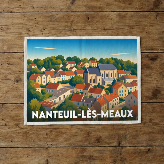 Torchon souvenir de la ville de Nanteuil-lès-Meaux avec une illustration stylisée.