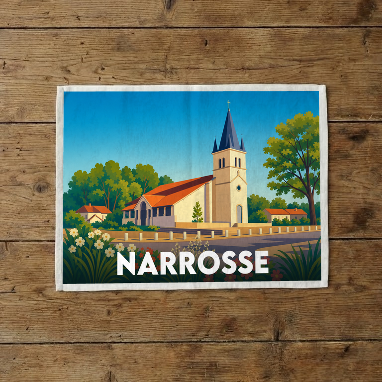 Torchon souvenir de la ville de Narrosse avec une illustration stylisée de son église.