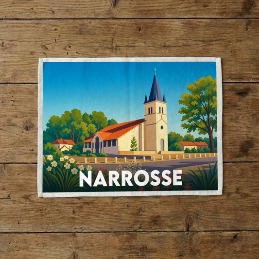 Torchon souvenir de la ville de Narrosse avec une illustration stylisée de son église.