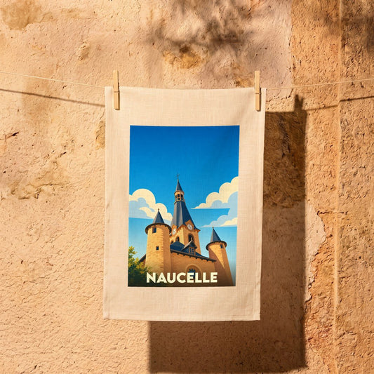 Torchon souvenir de la ville de Naucelle avec une illustration stylisée de son église.