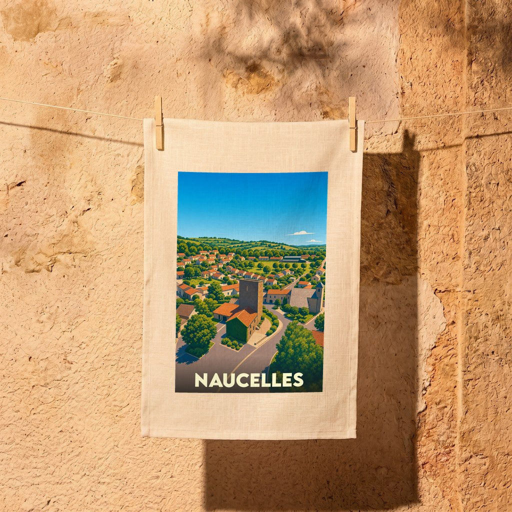 Torchon souvenir de la ville de Naucelles avec une illustration stylisée.