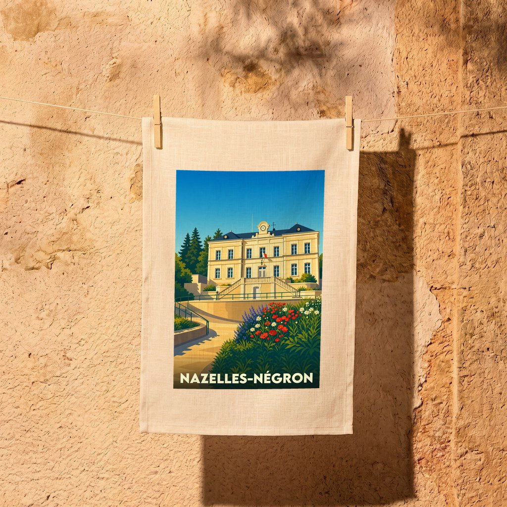 Torchon souvenir de la ville de Nazelles-Négron avec une illustration stylisée de sa mairie.