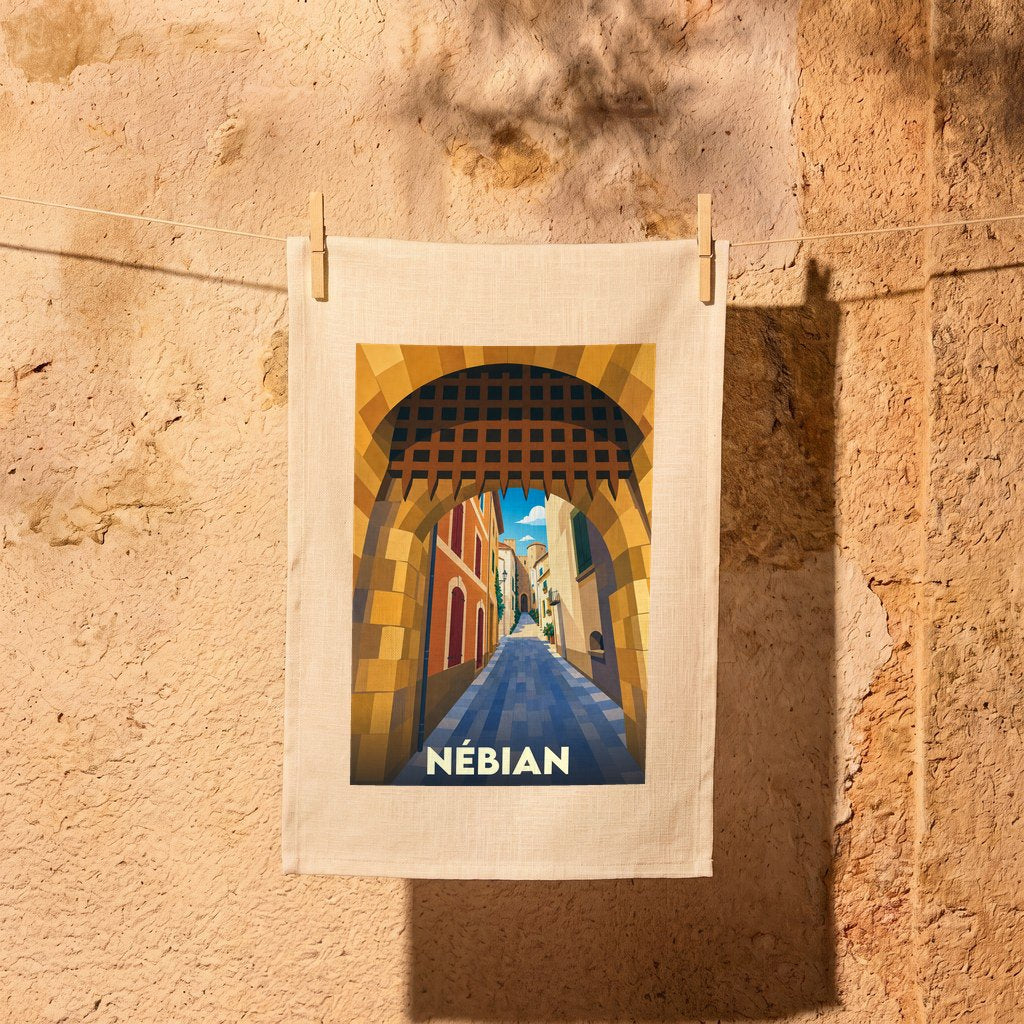 Torchon souvenir de la ville de Nébian avec une illustration stylisée d'une ruelle médiévale.