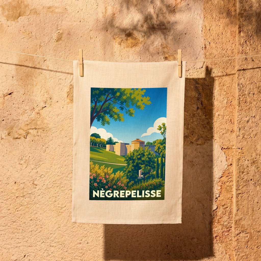 Torchon souvenir de la ville de Nègrepelisse avec une illustration stylisée de son château.