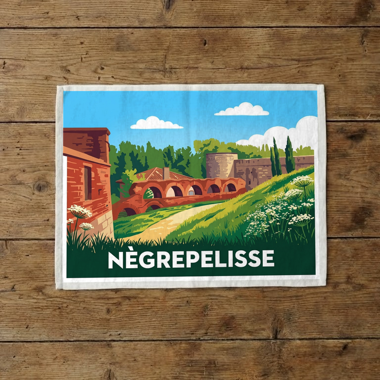 Torchon souvenir de la ville de Nègrepelisse avec une illustration stylisée.