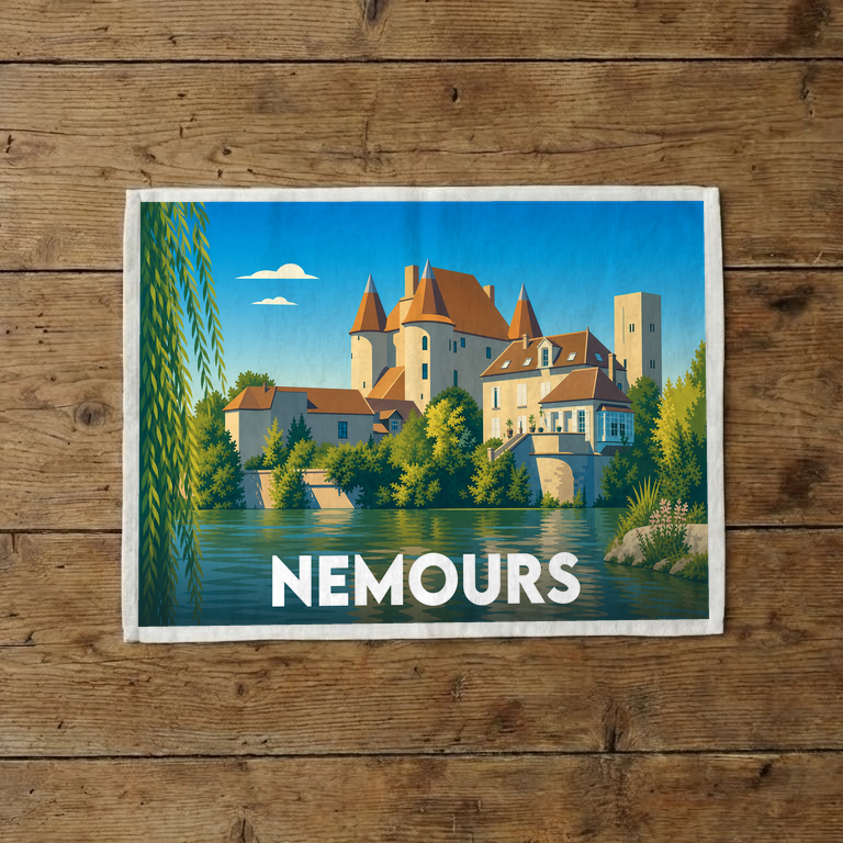 Torchon souvenir de la ville de Nemours avec une illustration stylisée de son château en bord de rivière.