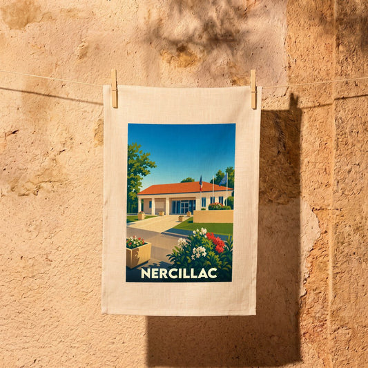 Torchon souvenir de la ville de Nercillac avec une illustration stylisée.