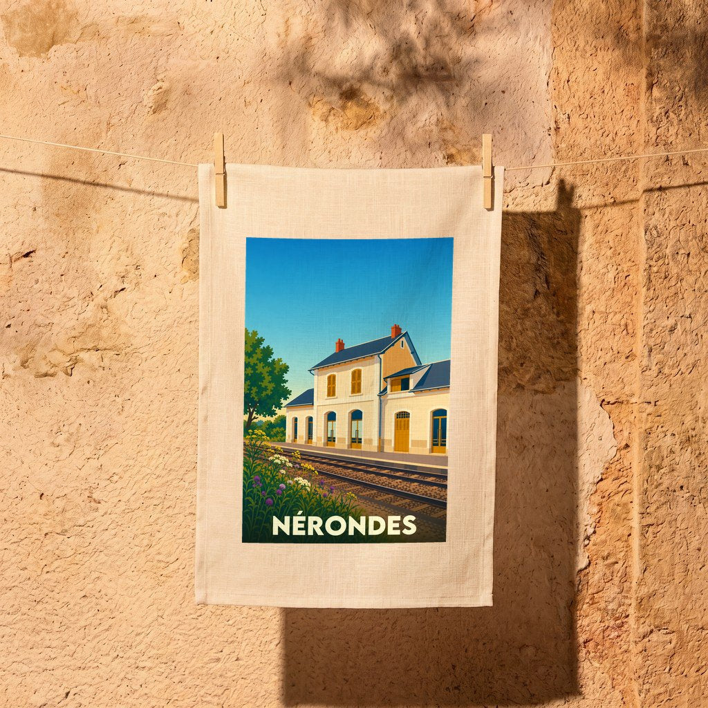 Torchon souvenir de la ville de Nérondes avec une illustration stylisée de sa gare ferroviaire.