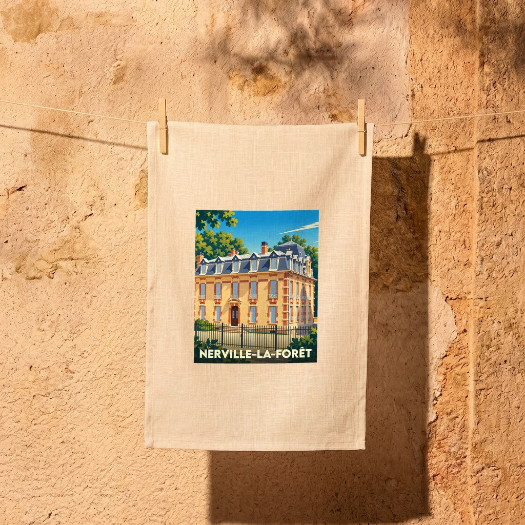 Torchon souvenir de la ville de Nerville-la-Forêt illustré d'un manoir coloré.