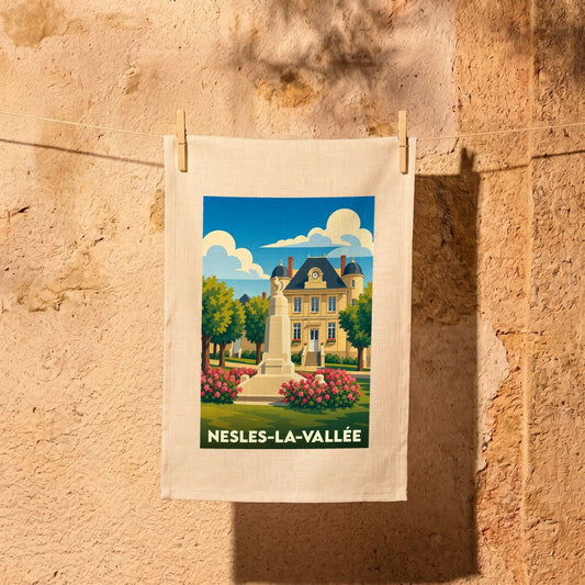 Torchon souvenir de la ville de Nesles-la-Vallée avec une illustration stylisée d'un monument et de l'hôtel de ville.