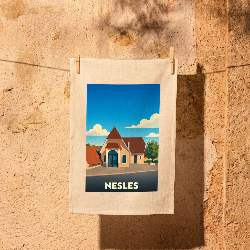 Torchon souvenir de la ville de Nesles avec une illustration stylisée.