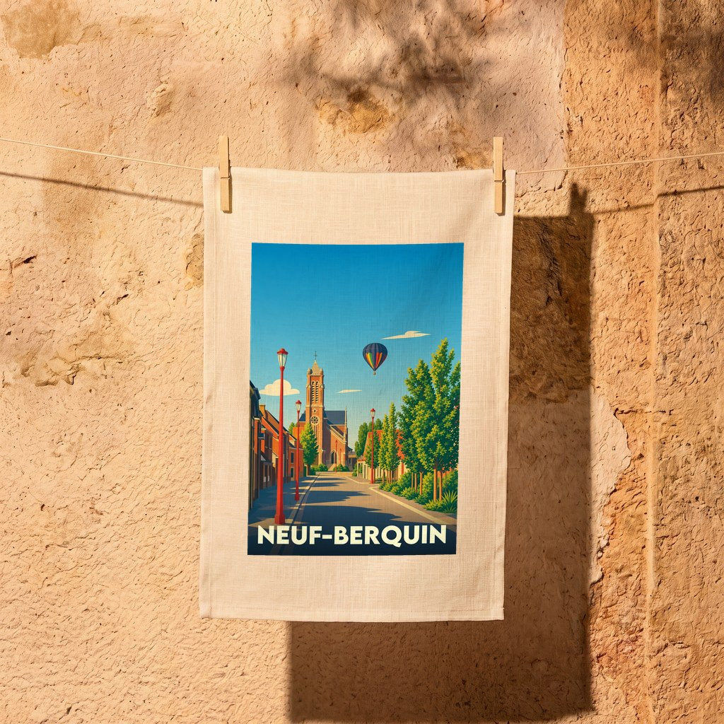 Torchon souvenir de la ville de Neuf-Berquin avec une illustration stylisée.