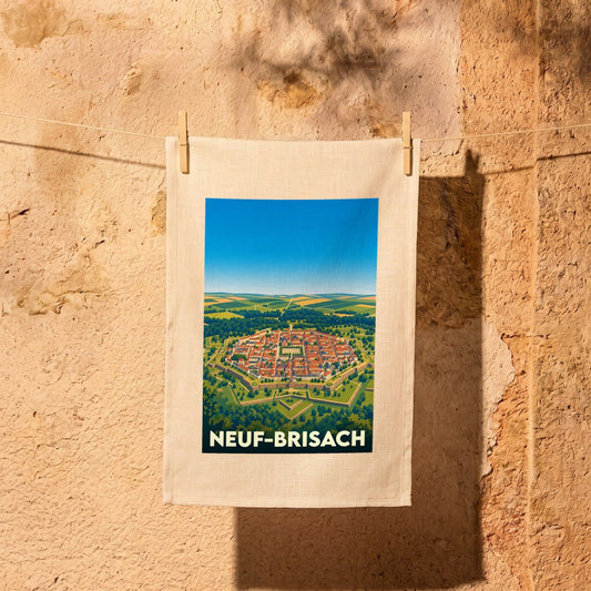 Torchon souvenir de la ville de Neuf-Brisach avec une illustration stylisée représentant ses fortifications emblématiques.