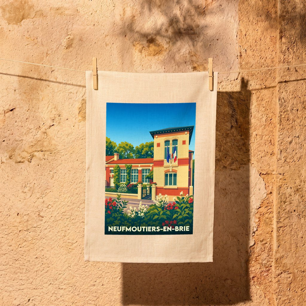 Torchon souvenir de la ville de Neufmoutiers-en-Brie avec une illustration stylisée de sa mairie.