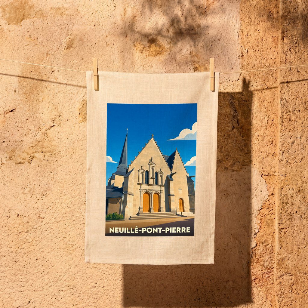 Torchon souvenir de la ville de Neuillé-Pont-Pierre avec une illustration stylisée de son église.