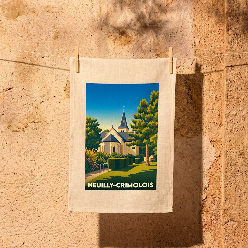 Torchon souvenir de la commune de Neuilly-Crimolois avec une illustration stylisée de son église.