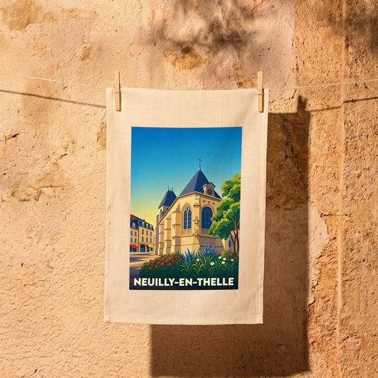 Torchon souvenir de la ville de Neuilly-en-Thelle avec une illustration stylisée de son église.