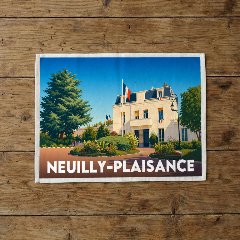 Torchon souvenir de la ville de Neuilly-Plaisance avec une illustration stylisée de son hôtel de ville.