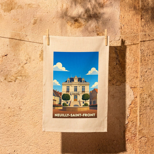 Torchon souvenir de la ville de Neuilly-Saint-Front avec une illustration stylisée de son hôtel de ville.