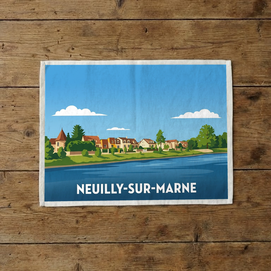 Torchon souvenir de la ville de Neuilly-sur-Marne avec une illustration stylisée des bords de la Marne.