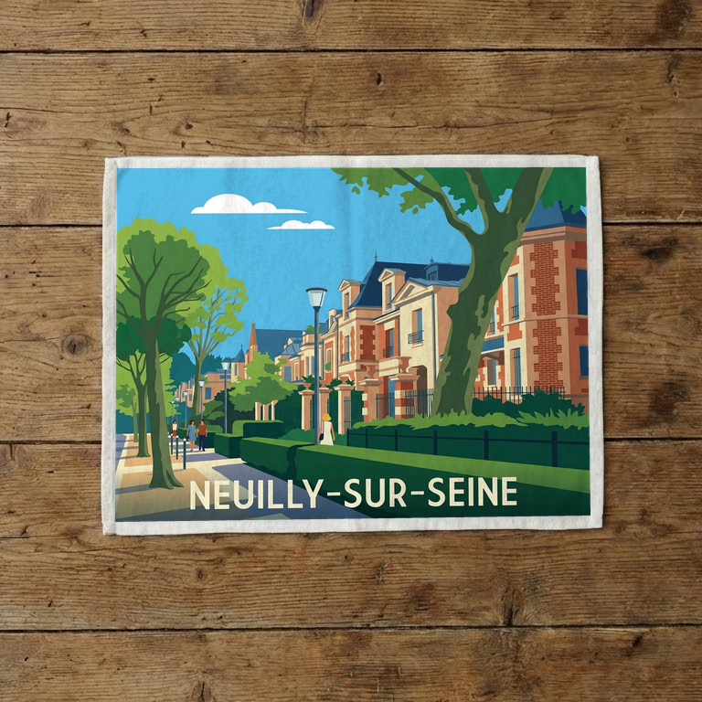 Torchon souvenir de la ville de Neuilly-sur-Seine avec une illustration stylisée.