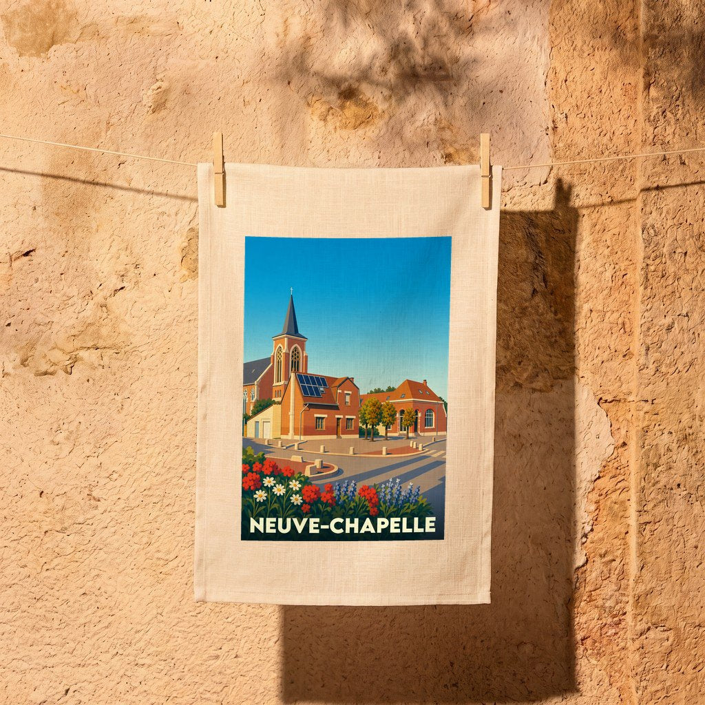 Torchon souvenir de la ville de Neuve-Chapelle avec une illustration colorée de son église et de ses maisons.
