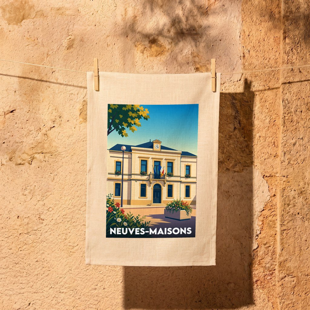 Torchon souvenir de la ville de Neuves-Maisons avec une illustration stylisée de son hôtel de ville.