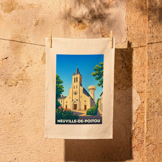 Torchon souvenir de la ville de Neuville-de-Poitou avec une illustration stylisée de son église.