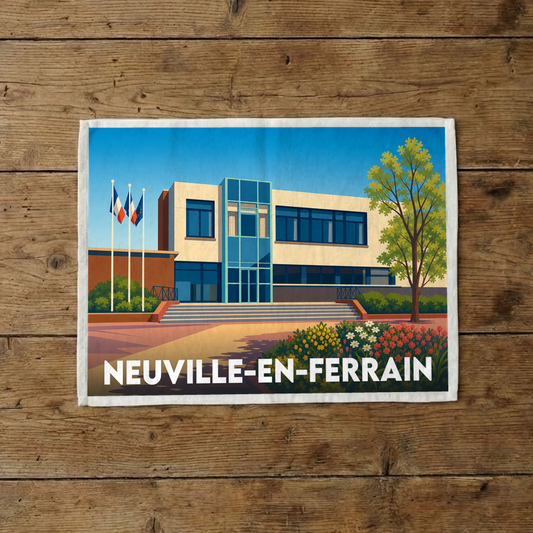 Torchon souvenir de la ville de Neuville-en-Ferrain avec une illustration stylisée de son hôtel de ville.