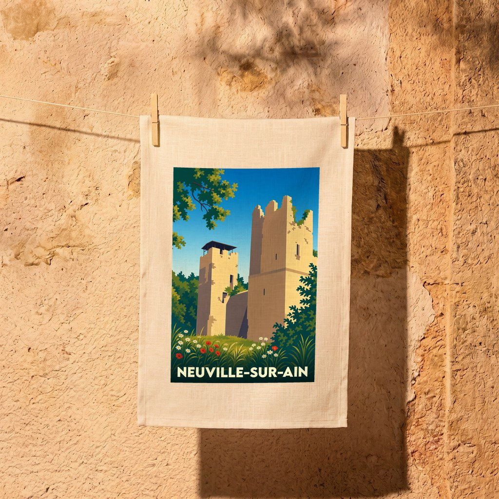 Torchon souvenir de la ville de Neuville-sur-Ain avec une illustration stylisée d'un château médiéval.