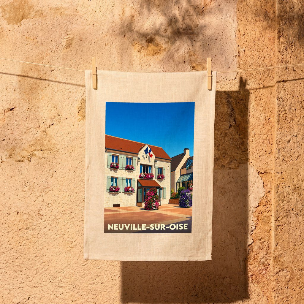 Torchon souvenir de la ville de Neuville-sur-Oise avec une illustration stylisée de sa mairie.