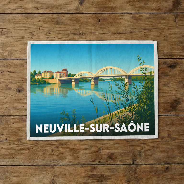 Torchon souvenir de la ville de Neuville-sur-Saône avec une illustration stylisée du pont et de la rivière.
