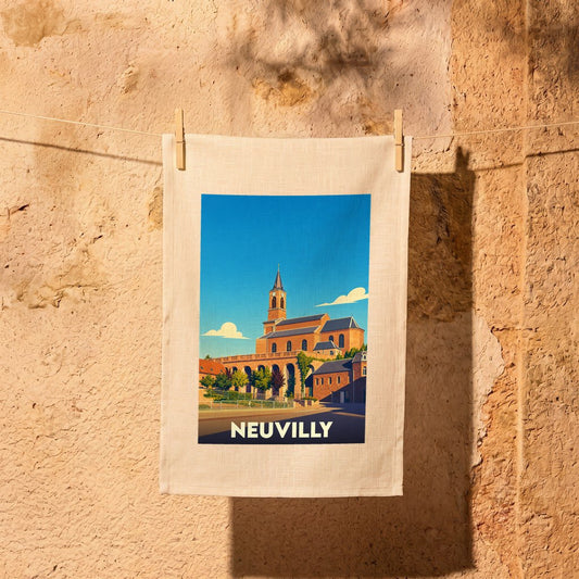 Torchon souvenir de la ville de Neuvilly avec une illustration stylisée.