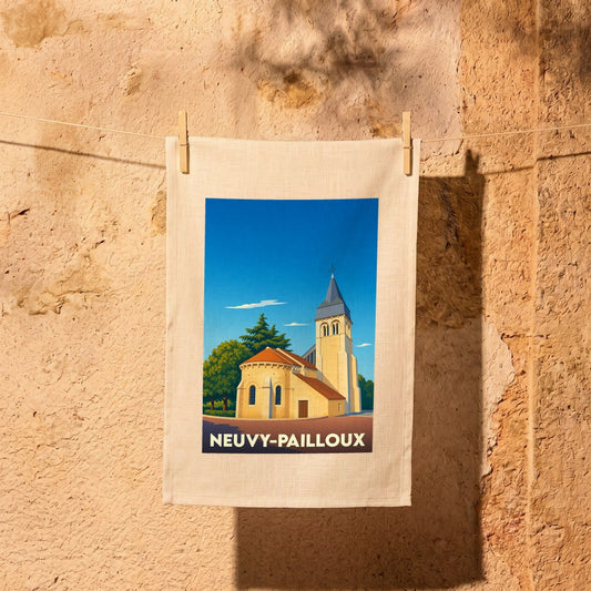 Torchon souvenir de la ville de Neuvy-Pailloux avec une illustration stylisée de son église.