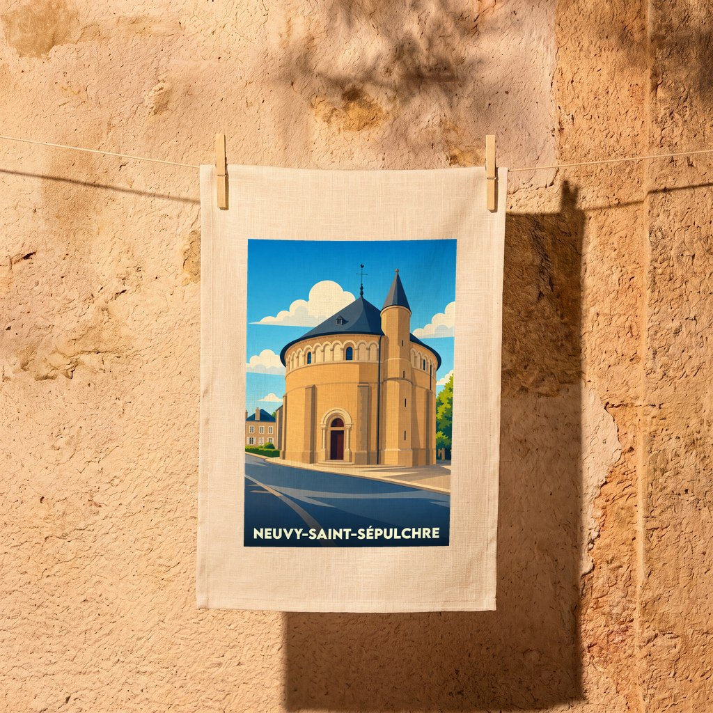 Torchon souvenir de la ville de Neuvy-Saint-Sépulchre avec une illustration stylisée de son église circulaire.