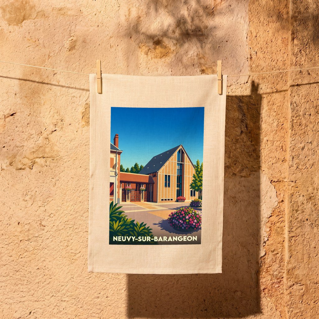 Torchon souvenir de la ville de Neuvy-sur-Barangeon avec une illustration stylisée de son architecture.