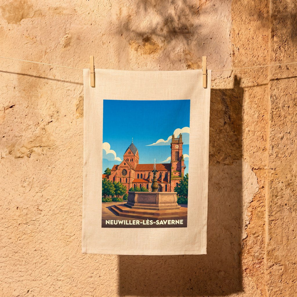 Torchon souvenir de la ville de Neuwiller-lès-Saverne avec une illustration stylisée de son église et de sa fontaine.