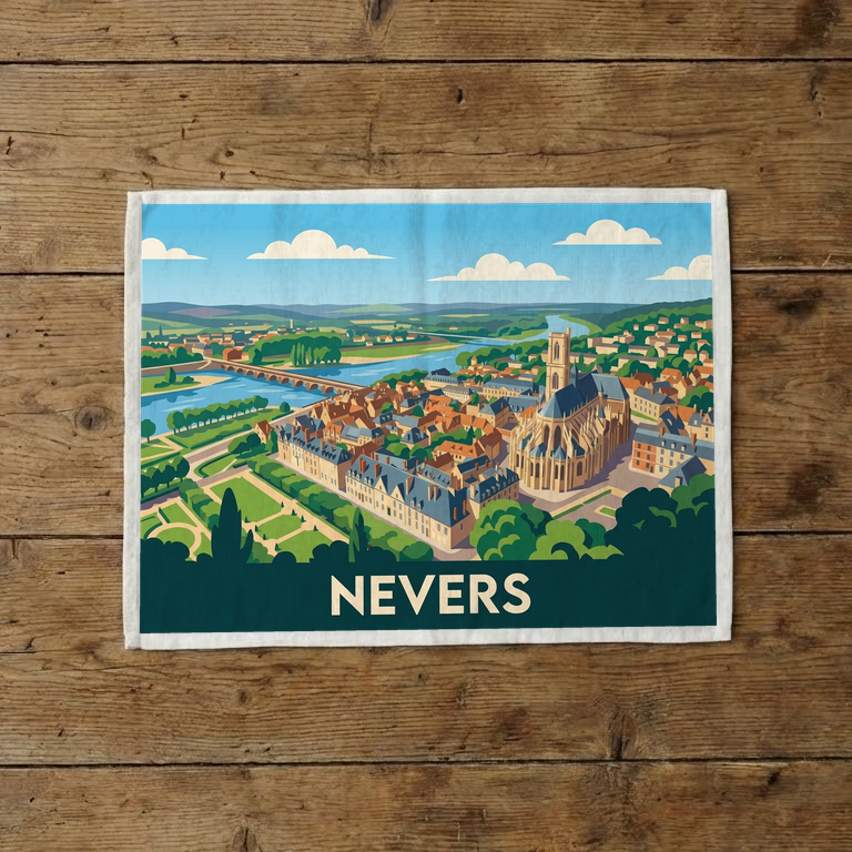 Torchon souvenir de la ville de Nevers avec une illustration stylisée.