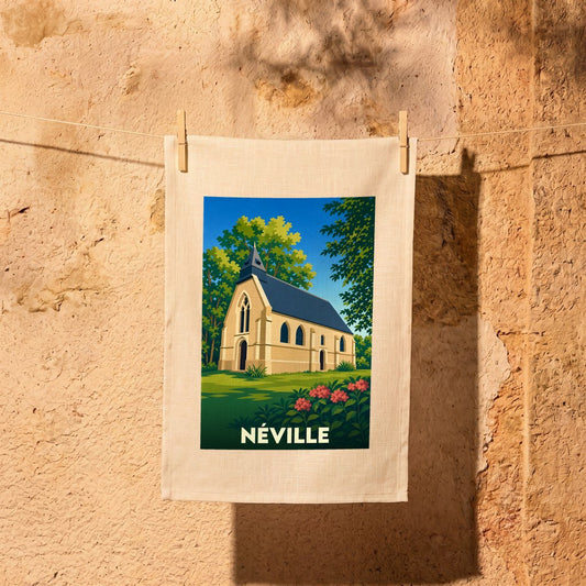 Torchon souvenir de la ville de Néville avec une illustration stylisée d'une petite église.