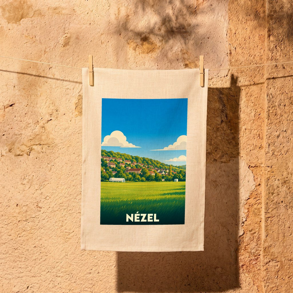 Torchon souvenir de la ville de Nézel illustré par un paysage de campagne stylisé sous un ciel bleu.