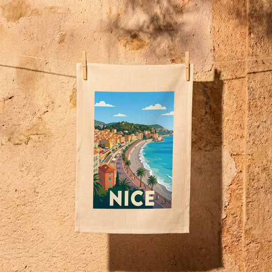 Torchon souvenir de la ville de Nice arborant une illustration stylisée de son bord de mer.