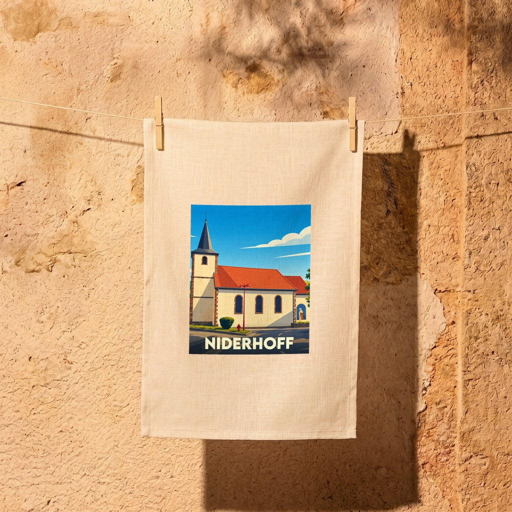 Torchon souvenir de la ville de Niderhoff avec une illustration stylisée de son église.