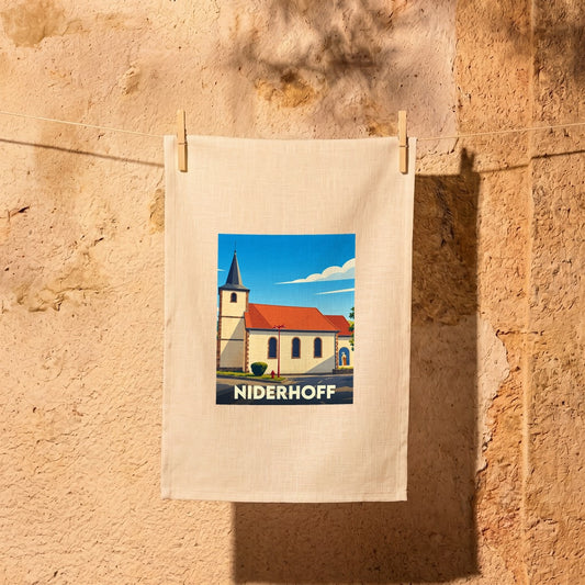 Torchon souvenir de la ville de Niderhoff avec une illustration stylisée de son église.
