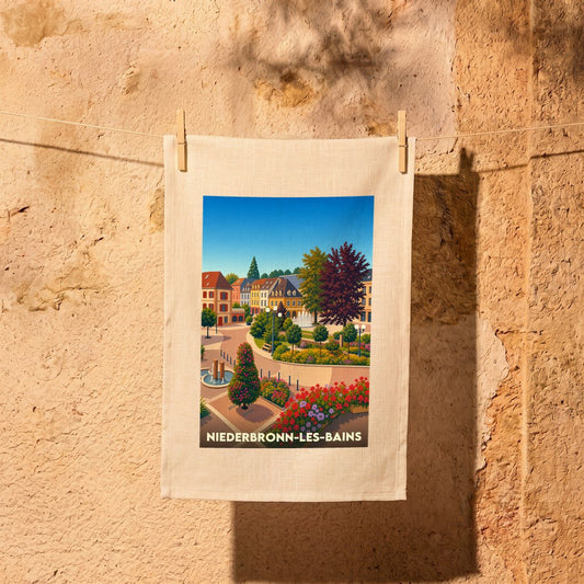 Torchon souvenir de la ville de Niederbronn-les-Bains avec une illustration stylisée d'un parc fleuri.