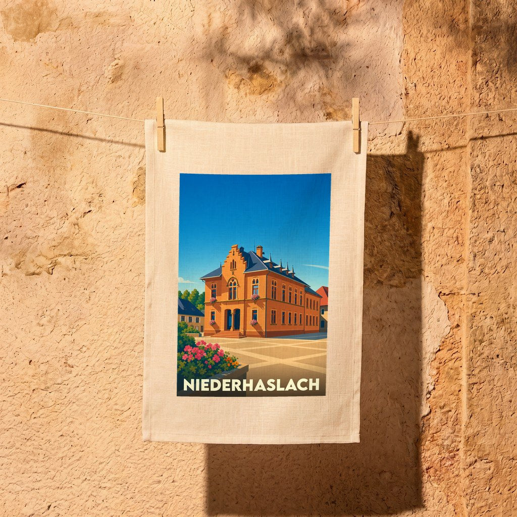 Torchon souvenir de la ville de Niederhaslach avec une illustration stylisée.