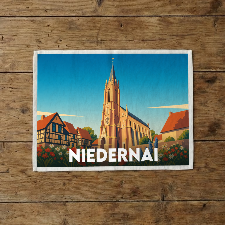 Torchon souvenir de la ville de Niedernai avec une illustration stylisée.