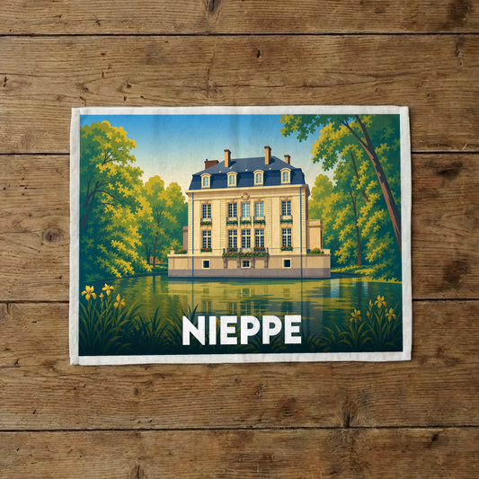 Torchon souvenir de la ville de Nieppe illustré par un château se reflétant dans l'eau.
