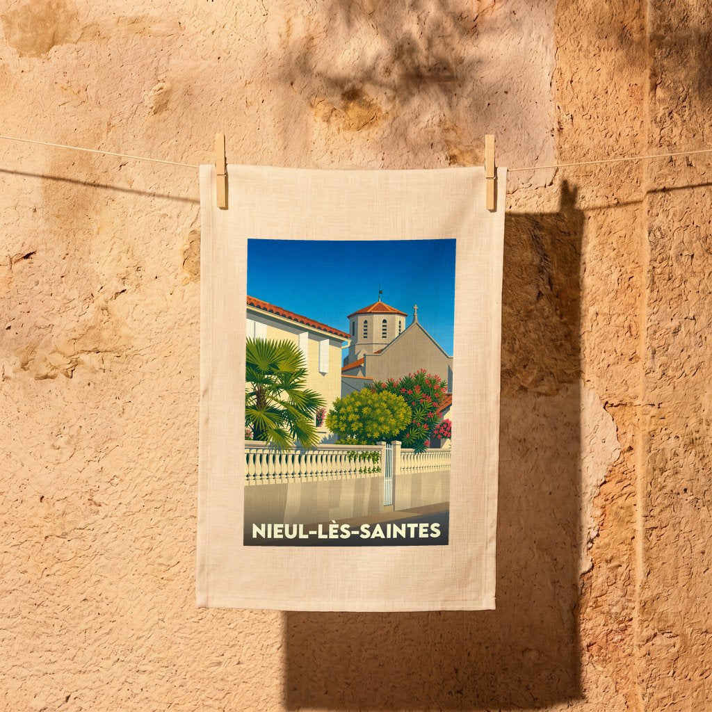 Torchon souvenir de la ville de Nieul-lès-Saintes avec une illustration stylisée.