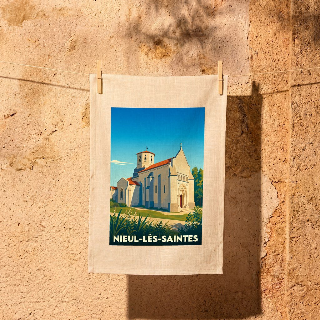 Torchon souvenir de la ville de Nieul-lès-Saintes avec une illustration stylisée de son église romane.